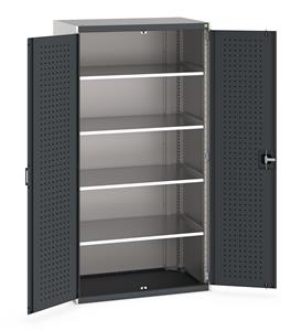 Heavy Duty Bott cubio cupboard with perfo panel lined hinged doors. 1050mm wide x 650mm deep x 2000mm high with 4 x100kg capacity shelves.... Bott Tool Storage Cupboards for workshops with Shelves and or Perfo Doors